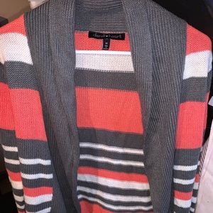 Coral, grey, & white cardigan, size medium